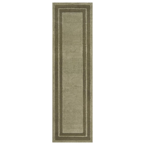 Solid Framed Border Power Loomed Soft Shag High-Low Indoor 2 ft. x 12 ft. Green Area Rug