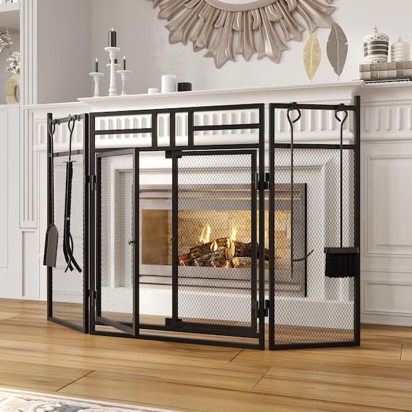 48.8 in. Iron 4-Panel Durable Fireplace Screen with Doors, Tools and Heavy Guage Mesh