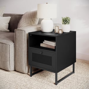 Malaki 17 in. Black Square Engineered Wood End Table with Rattan Accented Drawers, Open Upper Shelves, and Metal Legs