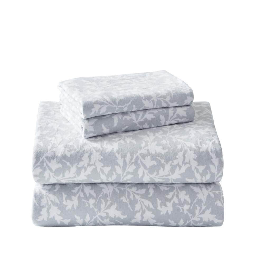 Twin Dove Gray Cotton Flannel Sheet Set with Floral Print