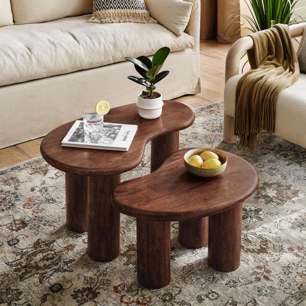 Hackney 54 in. Walnut Brown Kidney-Shaped Mango Wood Nesting Coffee Table Set