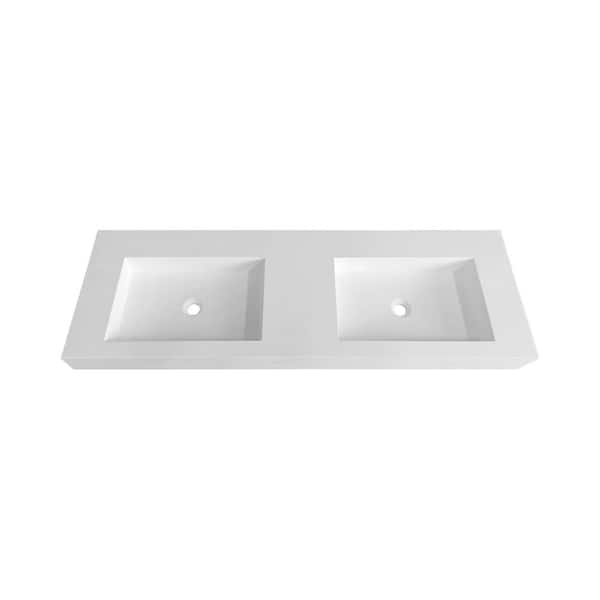 VANITYFUS 59 in. Wall Mount Double-Basin Solid Surface Rectangle Non Vessel Sink Bathroom in Matte White