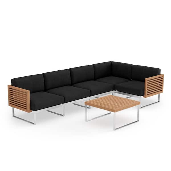 NewAge Products Monterey 5 Seater 6 Piece Stainless Steel Teak Outdoor Outdoor Sectional Set with Loft Charcoal Cushions