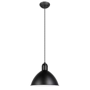 Priddy 12 in. W x 83.66 in. H 1-Light Black Shaded Pendant Light with Black Exterior and White Interior Metal Dome Shade