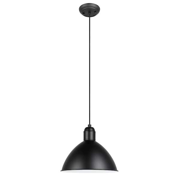 Eglo Priddy 12 in. W x 83.66 in. H 1-Light Black Shaded Pendant Light with Black Exterior and White Interior Metal Dome Shade