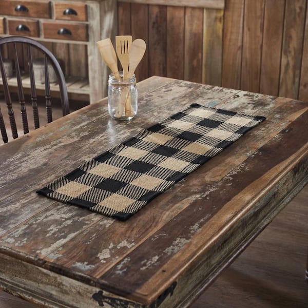 Black Check 12 in. W x 36 in. L Black Checkered cotton Blend Table Runner