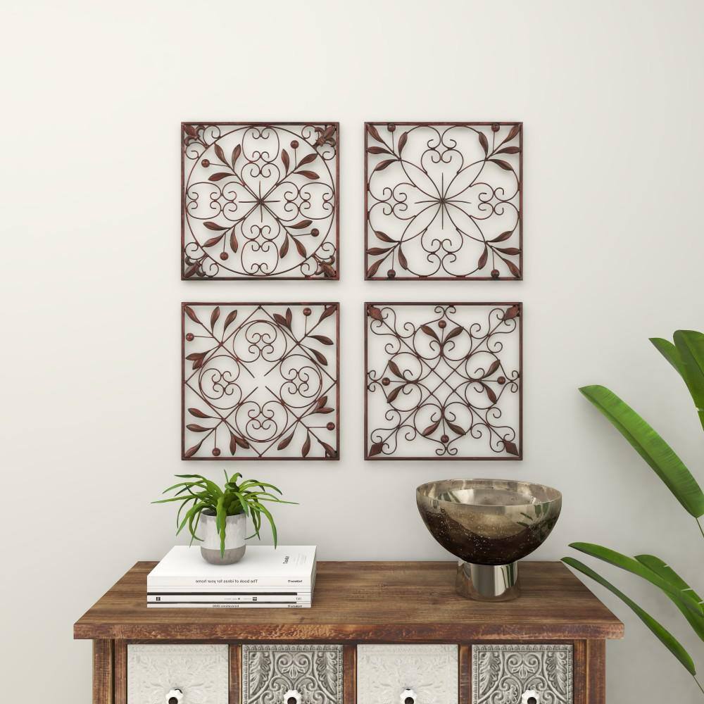 Rustic Brown Metal Scroll Wall Sculpture Set of 4