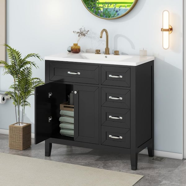 36 in. W x 18.03 in. D x 35.98 in. H Single Sink Bath Vanity in Black with White Ceramic Top