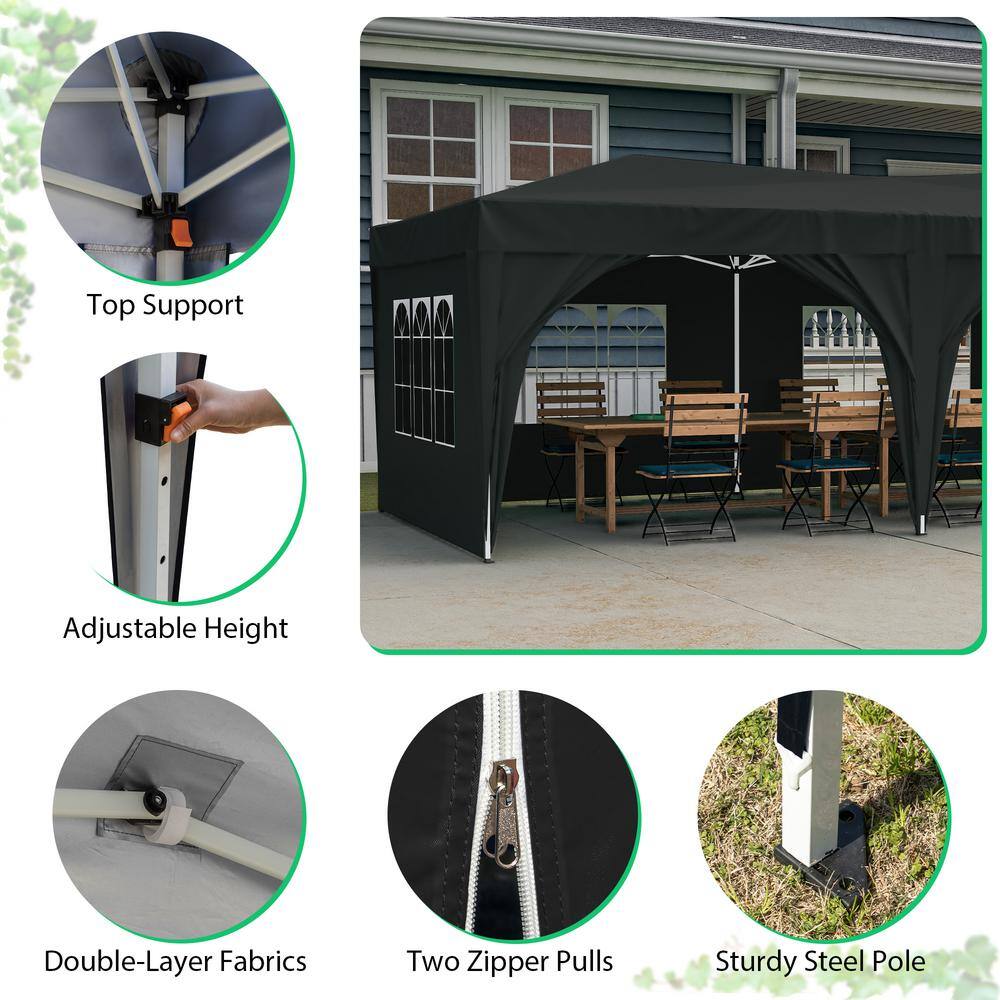 10 ft. x 20 ft. Black Steel Frame Pop-Up Canopy Tent with Adjustable Height and Sidewalls