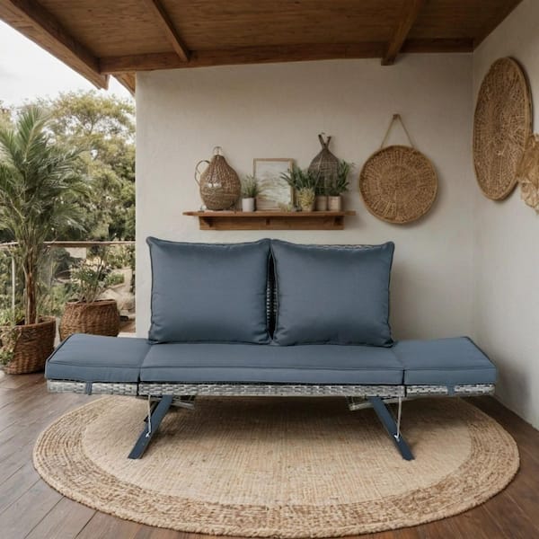 Unbranded 1 PCS Patio Wicker Side Foldable Bench Patio Backyard Conversation Bench Grey Wicker + Dark Grey Cushion