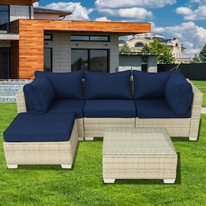 Wicker Outdoor Sectional Set with Dark Blue Cushions Outdoor Furniture Cushioned (5 Set)