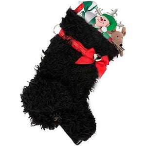 22 in. Curly Black Dog Faux Fur Fabric Christmas Stocking