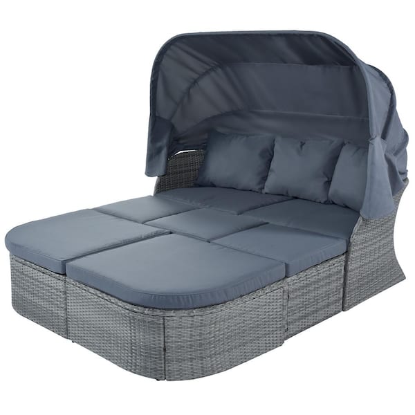Polibi Patio Wicker Outdoor Day Bed with Gray Cushions and Retractable Canopy, Conversation Set, Wicker Furniture Sofa Set