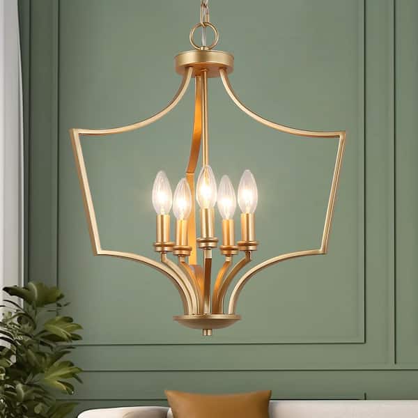 LNC Modern Gold Chandelier 5-Light Candlestick Cage Lantern Island Dining Table High Ceiling Light