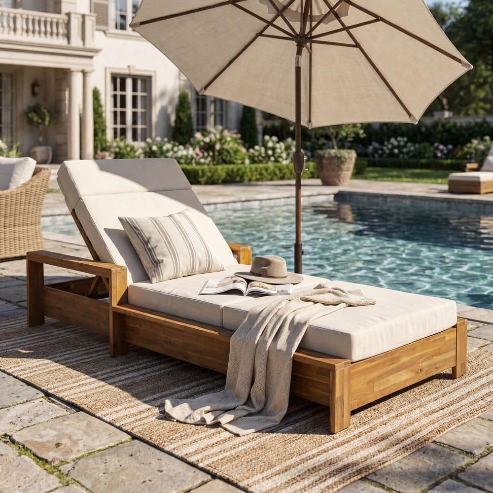 Astero Teak Finish Acacia Wood Outdoor Patio Chaise Lounge with Armrests and Cream 4-Fold Cushion price history on PriceWatchPro