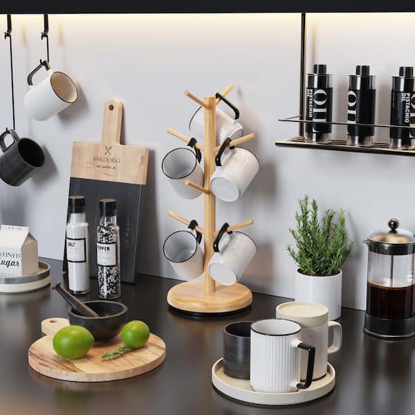 Lynzavix 8-Hook Natural Bamboo 360° Rotating Mug Tree Stand for