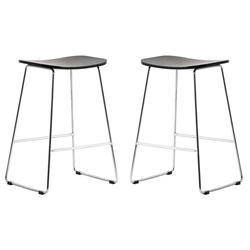 Melrose Black Wood Saddle Style Counter Stools with Chrome Iron Base, Set of 2