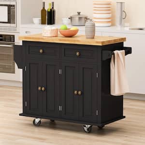 FUNKOL Black Wood Rolling 43.31 in. W Kitchen Island with 2-Storage ...