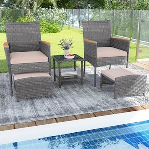 5-Piece Wicker Patio Conversation Set with Beige Cushions Ottomans and Tempered Glass Top Table