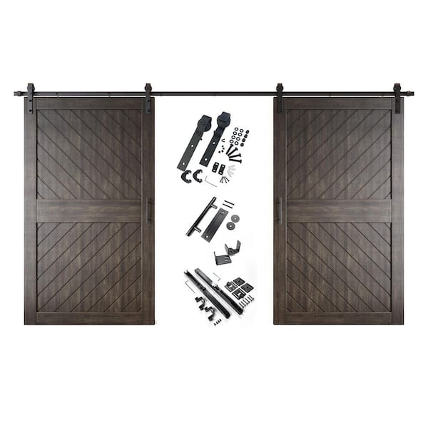 XT4 50 in. x 84 in. C-Panel Ebony Slanted Stripe Design Double Pine Wood Sliding Barn Door with Hardware Kit