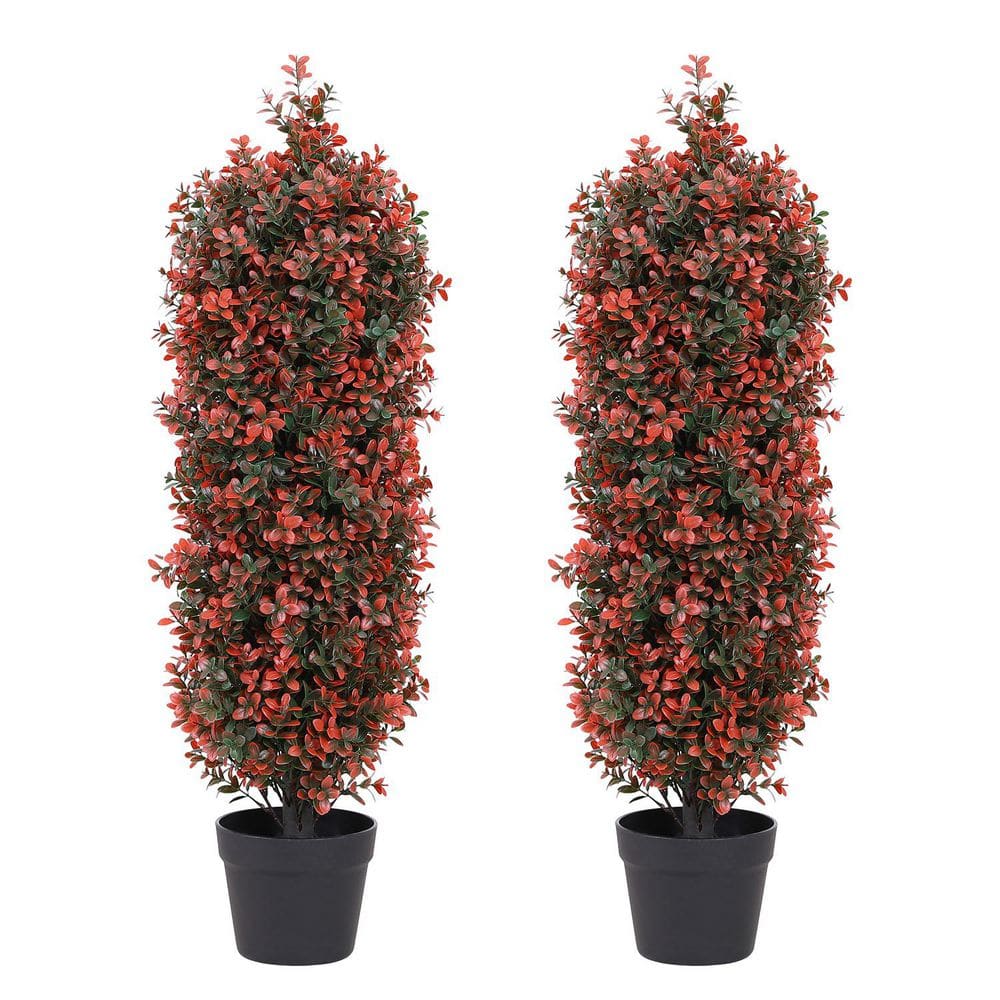 35 in. Artificial Topiary Cedar Tree, Fake Plants UV Resistant Faux Red Bus