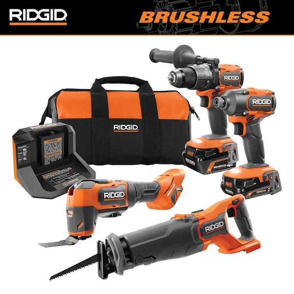 RIDGID 18V Brushless Cordless 4-Tool Combo Kit with (1) 4.0 Ah and (1) 2.0 Ah MAX Output Batteries, 18V Charger, and Tool Bag