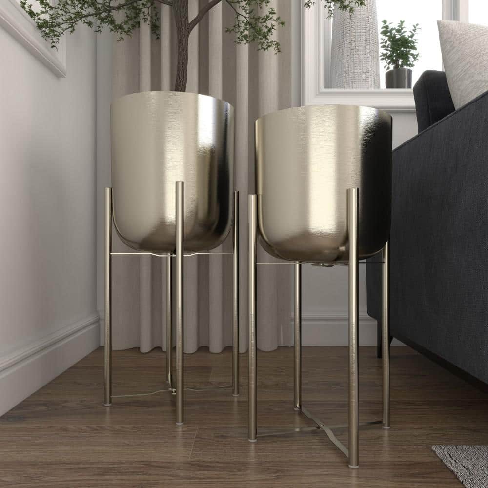 Silver Metal Indoor Outdoor Planter Set with Removable Stand, 19" and 22"