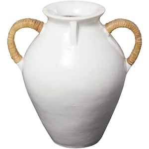 19 in. White Jug Inspired Ceramic Decorative Vase with Rattan Wrapped Handles
