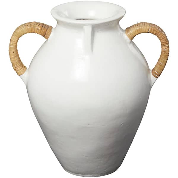 Litton Lane 19 in. White Jug Inspired Ceramic Decorative Vase with Rattan Wrapped Handles