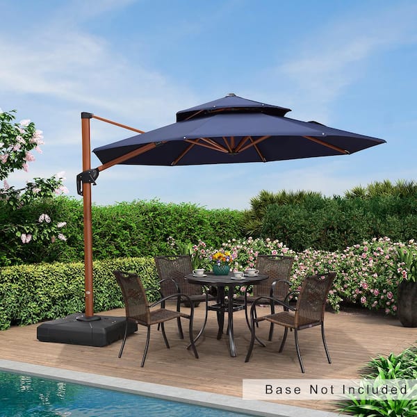 PURPLE LEAF 10 ft. Octagon All-aluminum 360-Degree Rotation Wood pattern Cantilever Offset Outdoor Patio Umbrella in Navy Blue