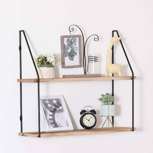Unbranded 23.6 in. W x 7 in. D Natural Wood 2-Tier Decorative Wall Shelf Floating Shelf with Metal Brackets