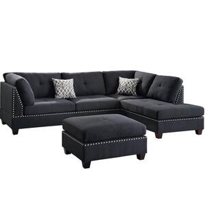 Florence II 104 in. Armless 3-Piece Linen L-Shaped Sectional Sofa in Black with Chaise