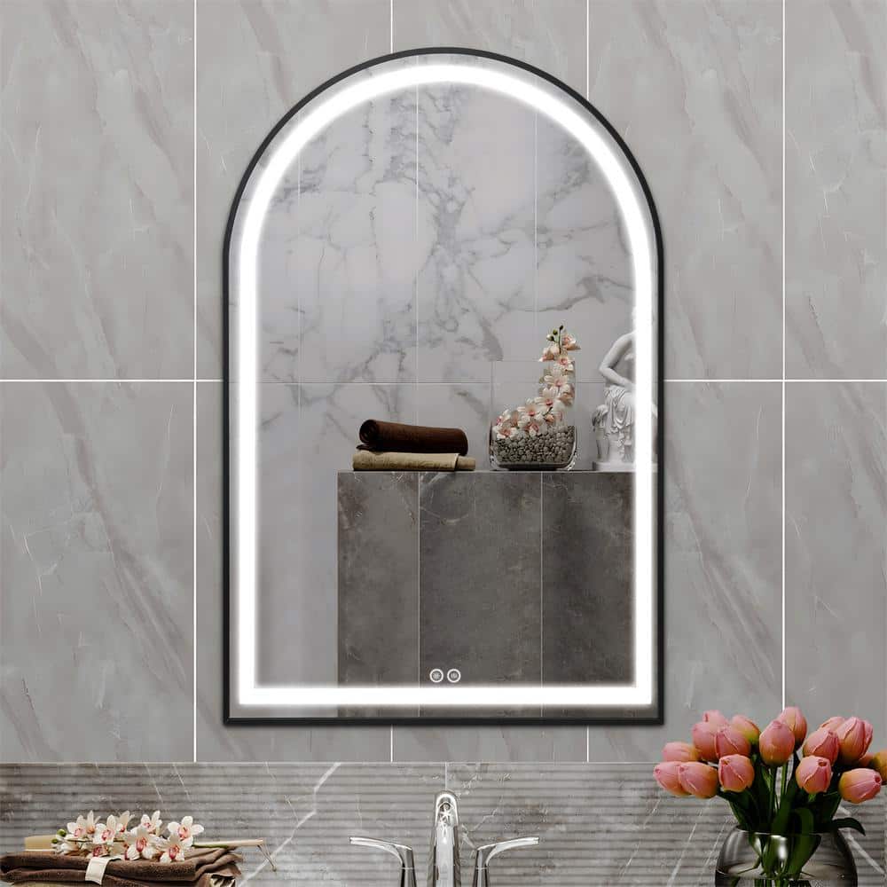 26 in. W x 38 in. H Arched Framed LED Dimmable Anti-Fog Bathroom Vanity Mir