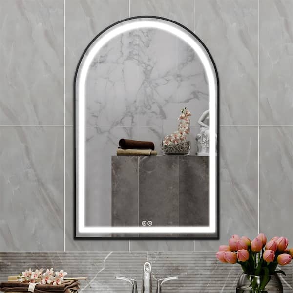 Lirago 26 in. W x 38 in. H Arched Framed LED Dimmable Anti-Fog Bathroom Vanity Mirror in Gold