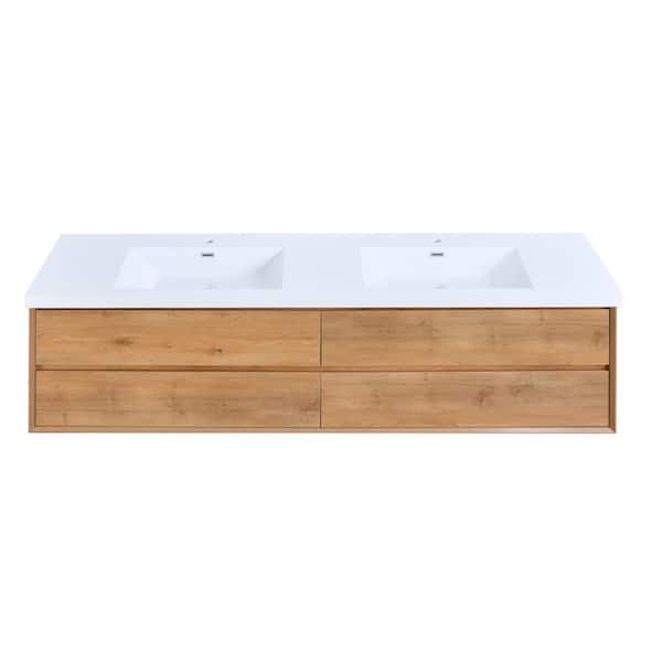 MinimalGrace 84 in. Double Sink Floating Oak Bath Vanity with White Resin Top