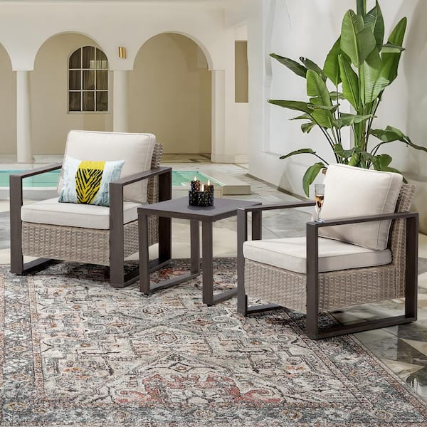 JOYSIDE 3-Piece Wicker Outdoor Lounge Chairs Patio Conversation Set with Metel Frame and Beige Cushions