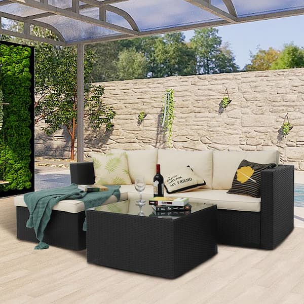 Maypex Black Steel Frame 3-Piece Wicker Outdoor Sectional Sofa Set with Beige Cushions