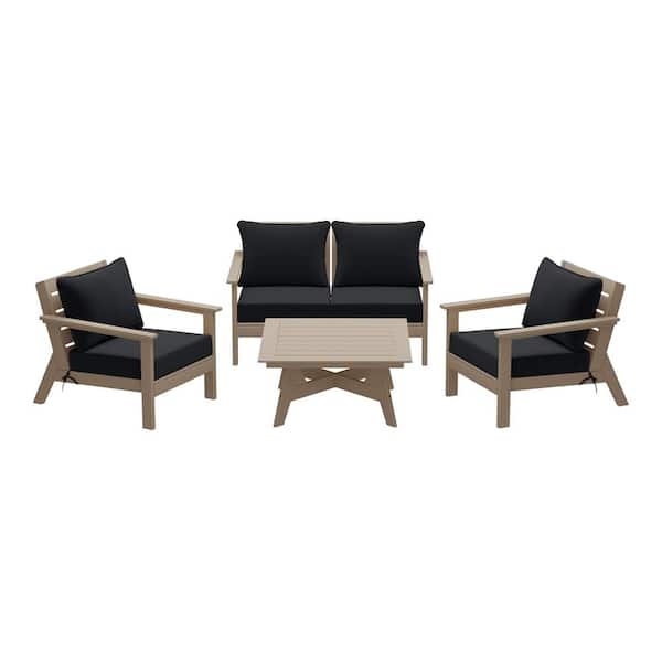 Birchwood Weathered Wood Arrangeable 5-Piece Outdoor Patio HDPE Deep Seating Conversation Lounge Set w/ Black Cushions