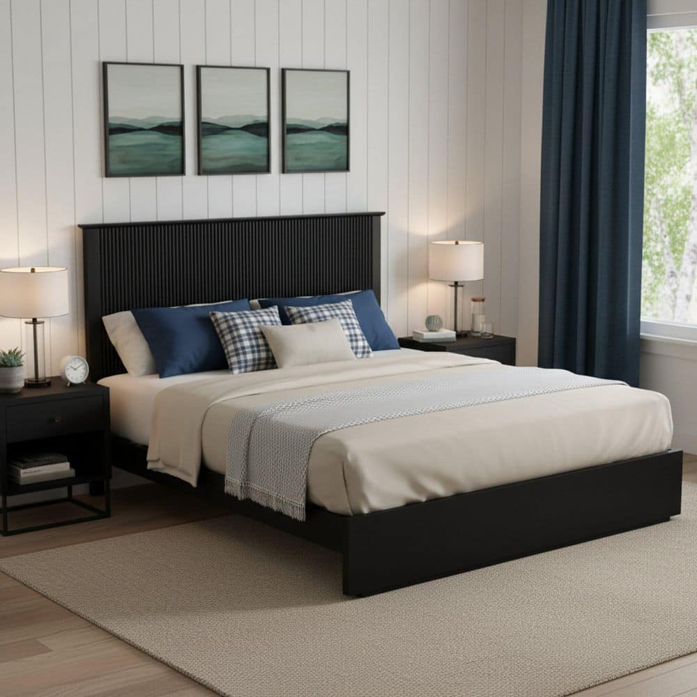 Ysabel Stylish Brown Solid Wood Frame King Size Platform Bed with Slatted Headboard