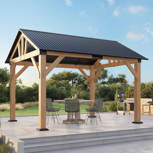 10 ft. x 12 ft. Black Spruce Wood Hardtop Pergola Gazebo with Metal Steel Roof
