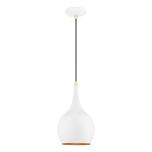Andes 1-Light Shiny White Mini Pendant with Polished Brass Accents