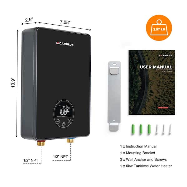 6 kW 1.5 GPM 240 V Point of Use Electric Tankless Water Heater with 2-Years Warranty, Black