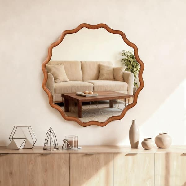 White 30 in. W x 30 in. H Wavy Round Solid Wood Framed Mirror for Bathroom Vanity Living Room Entryway Decor