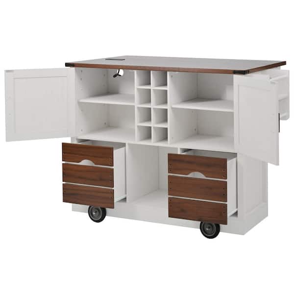 Farmhouse White Brown Wood 54 in. W Kitchen Island with 2-Doors, 2-Drawers for Kitchen, Dining Room