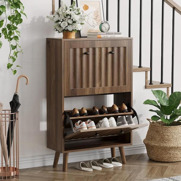 23.6-In Walnut MDF Upright Shoe Cabinet,Shoe Storage Unit with
