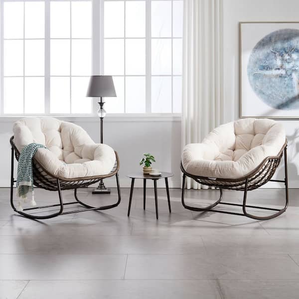 Wicker Outdoor Rocking Chair with White Cushion, Rattan Papasan