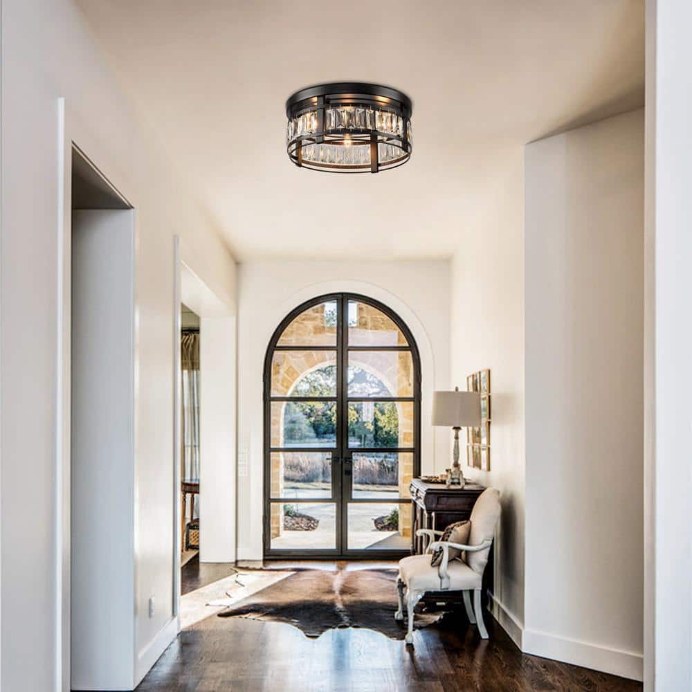 Matte Black Crystal Drum Flush Mount Ceiling Light