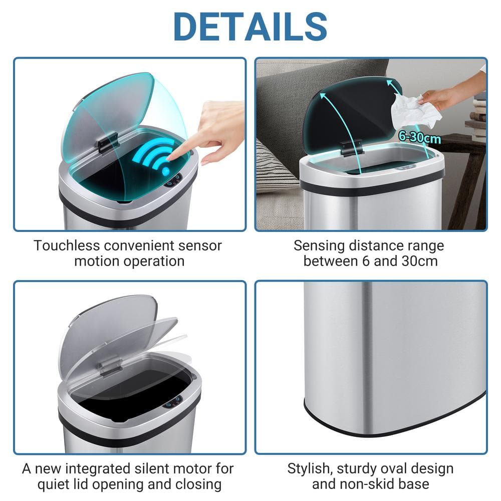 Innovaze 13 Gallon Stainless Steel Touchless Trash Can with Black Lid