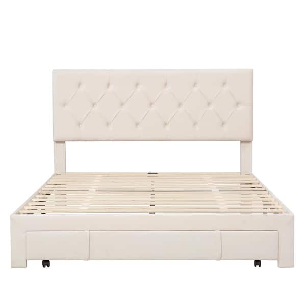 STICKON 81.3 in. W Beige Queen Size Wood Frame Upholstered Platform Bed with Drawer