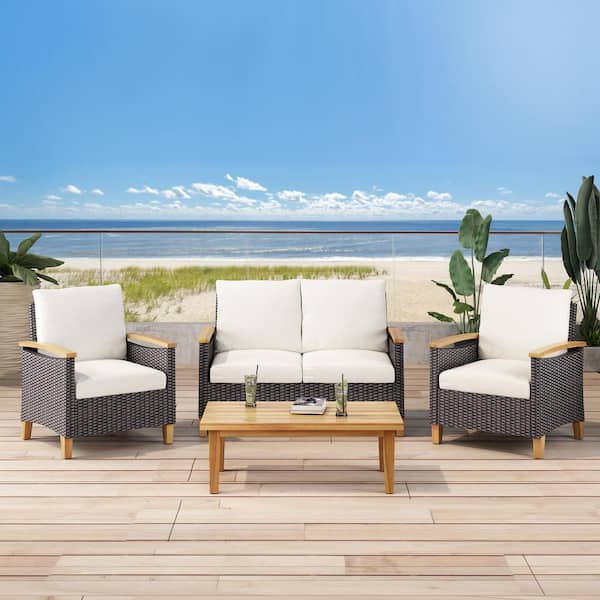 Noble House Isla Multi-Brown 4-Piece Faux Rattan Outdoor Patio Conversation Set with Beige Cushions